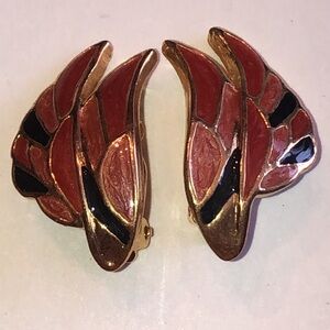 Angel Brand Signed Gold Tone Reddish Orange Enamel Earrings